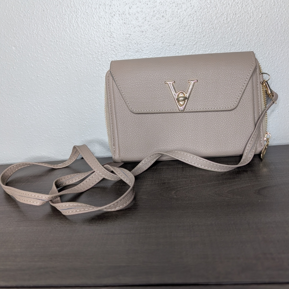 Elegant V-Logo Taupe Crossbody Bag